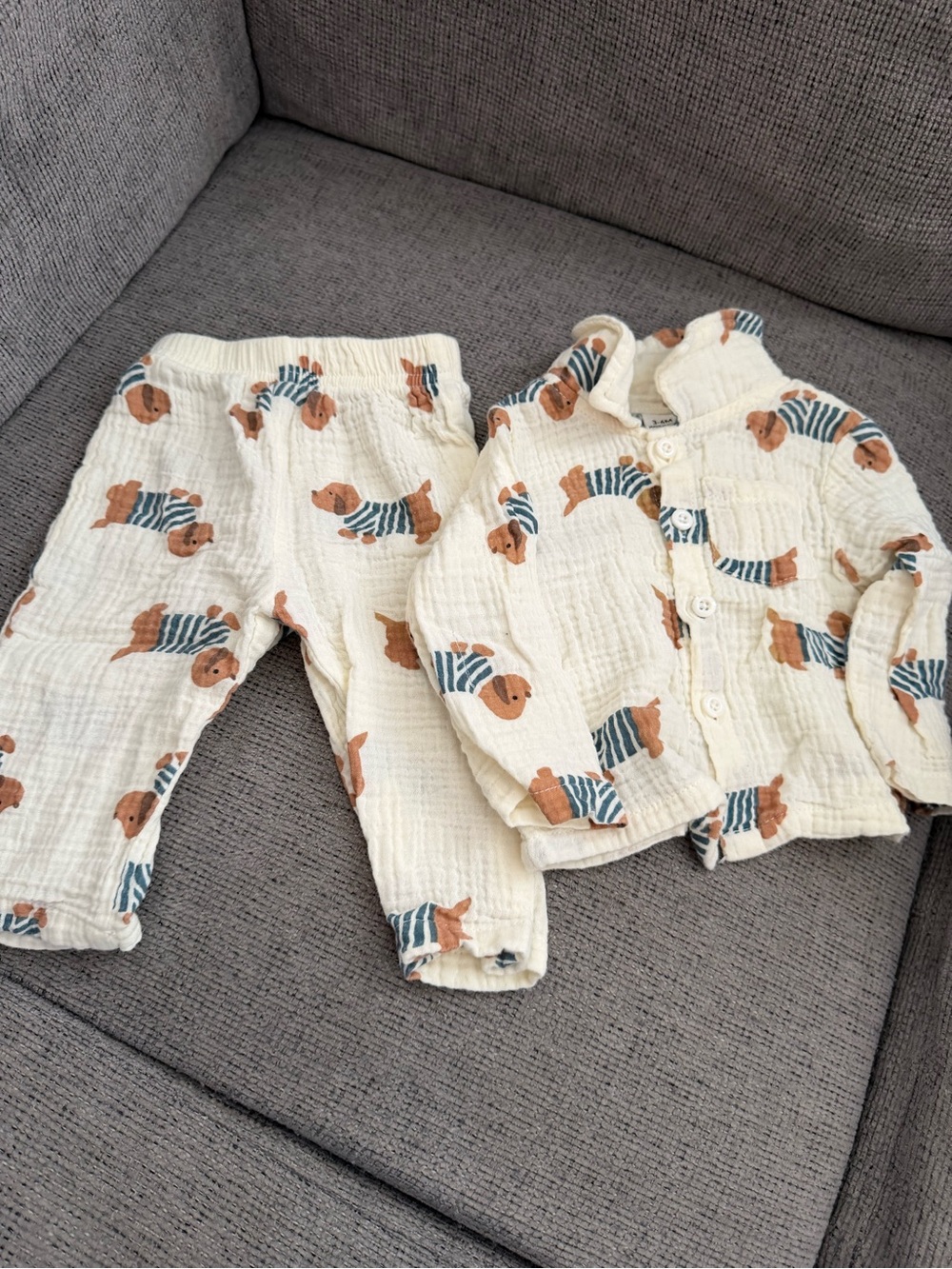 Cream Bear Print Kids Pajama Set - Soft Muslin Two-Piece